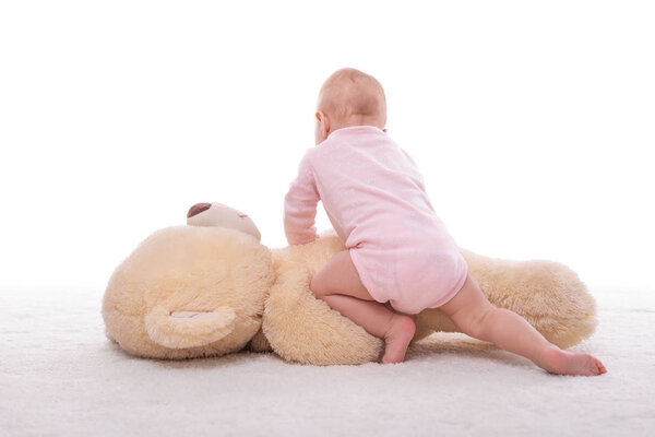 Little girl and a plush bear on a white background.