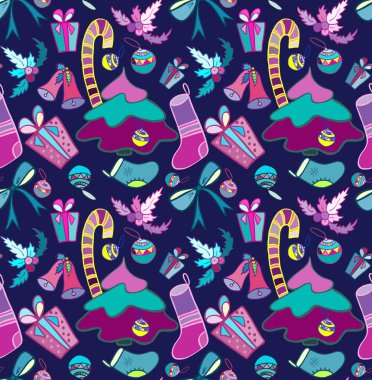 Çizim Noel rakamları ile. Gösterim amacıyla bir ambalaj kağıdı, duvar kağıdı. Sorunsuz vektör desen. Noel arka plan