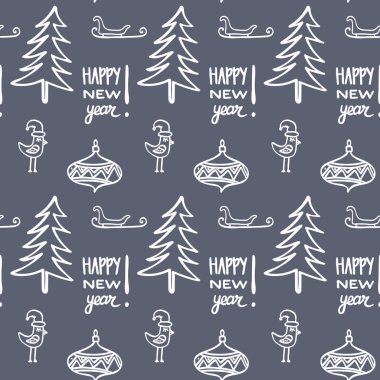 Noel arka plan. Noel ağacı, atlı kızak ve kuşlar. Gösterim amacıyla bir ambalaj kağıdı, duvar kağıdı. Sezonun el yazısı hat tebrik. Sorunsuz vektör desen.