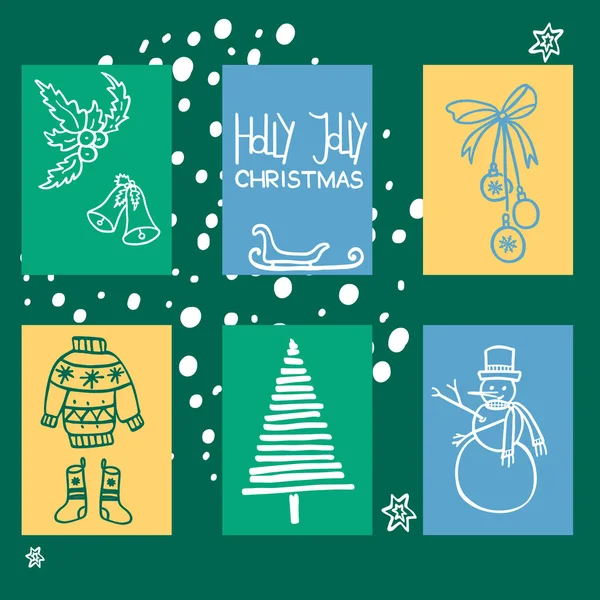 Winterferien Karten Set Saisongruß Handschriftliche Kalligrafie Weihnachtsbaum Schneemann Und Weihnachtsglocke — Stockvektor