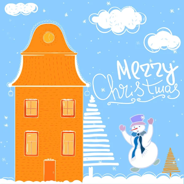 Casa Europea Arancione Disegnata Mano Sfondo Blu Invernale Albero Natale — Vettoriale Stock