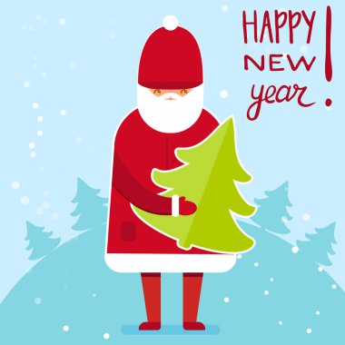 Noel Baba kırmızı kostümlü yeşil Noel ağacı tutar. Düz stil illüstrasyon. Kış'ın el yazısı hat tebrik. Vektör tasarımı