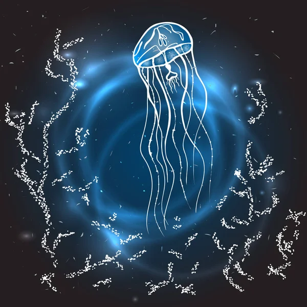 矢量画水母 在深海和珊瑚树枝上的美杜莎例证 元素纹身设计 — 图库矢量图片