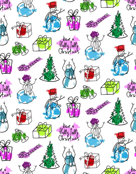 クリスマスの背景 雪だるまとクリスマス ツリー 包装紙 壁紙用イラスト 冬の休日カードの要素 シームレスなベクトル パターン — ストックベクタ