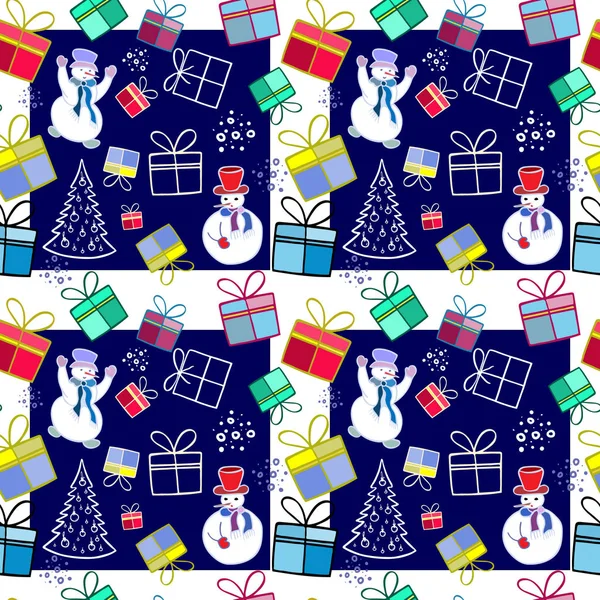 Christmas Background Snowmen Christmas Tree Illustration Wrapping Paper Wallpaper Elements — Stock Vector