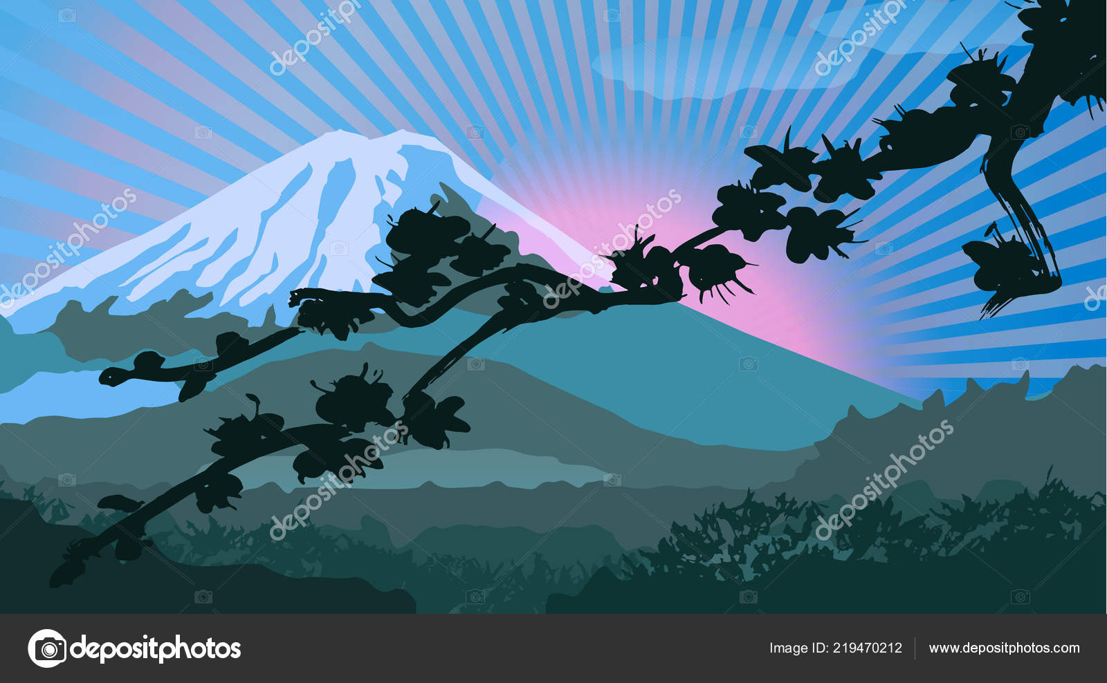 Stylized Mount Fuji Japan Landscape Vector Design Silhouette Flowering Sakura Vector Image By C Marinakutukova Vector Stock 219470212