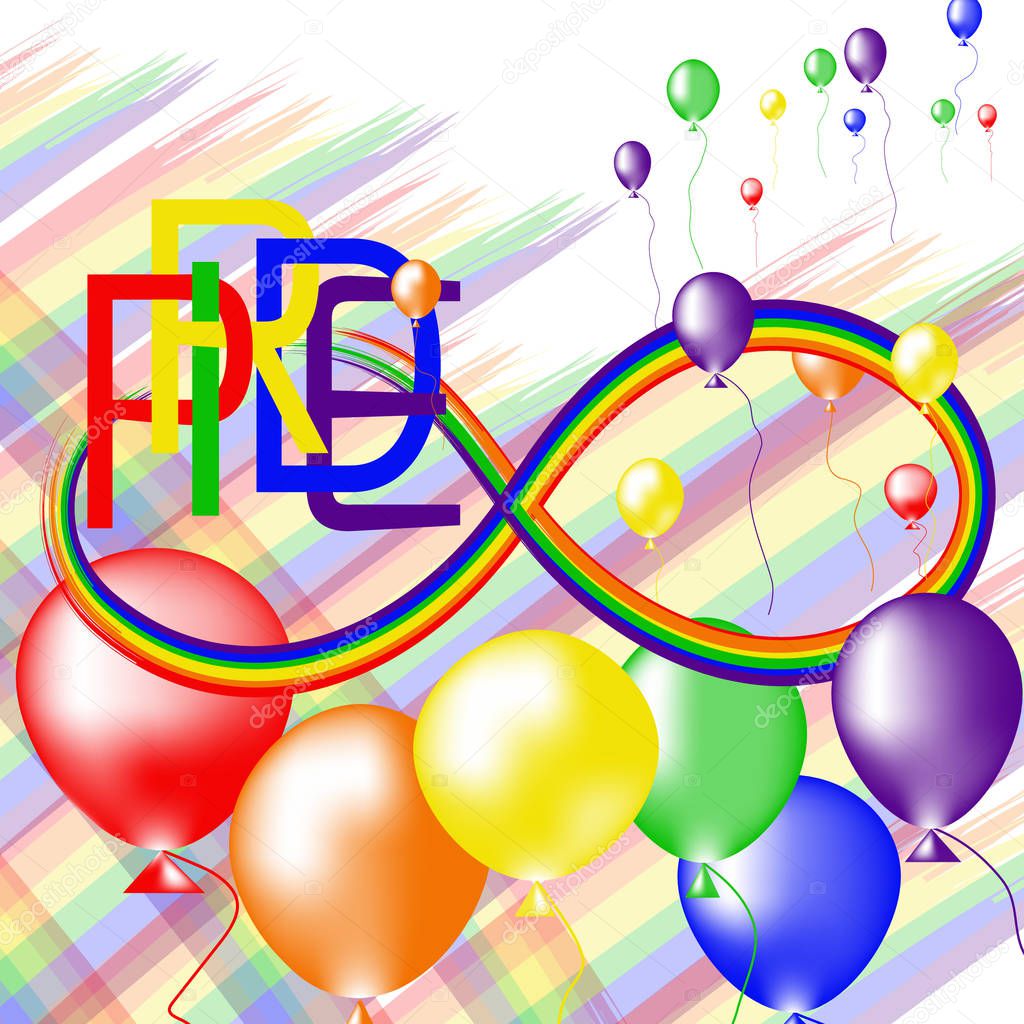 Colored rainbow balloons and  text Pride.  Rainbow background LGBT  multicolored flag.  Original symbol for gay parade. Vector desig