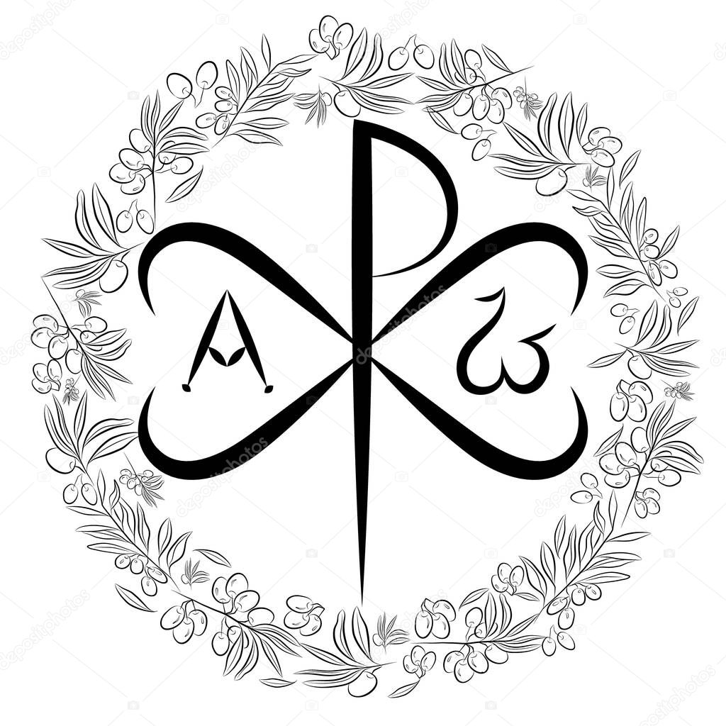 Chi Ro , Chrisma or Chrismon. Monogram of the name of Christ. I am Alfa and Omega. Biblical lettering. olive tree as a symbol of eternal peace in Christian religion. Vector design.