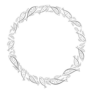 Circle frame. Ichthys is a symbol of fish. The ancient acronym of the name of Jesus Christ in Christian religion.  Vector design clipart