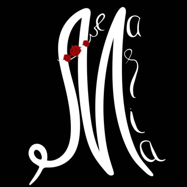 Ave Maria. İsa'nın Meryem anne adını Monogram el yazısı. Kırmızı gül. Vektör tasarımı. Beyaz arka plan üzerinde izole