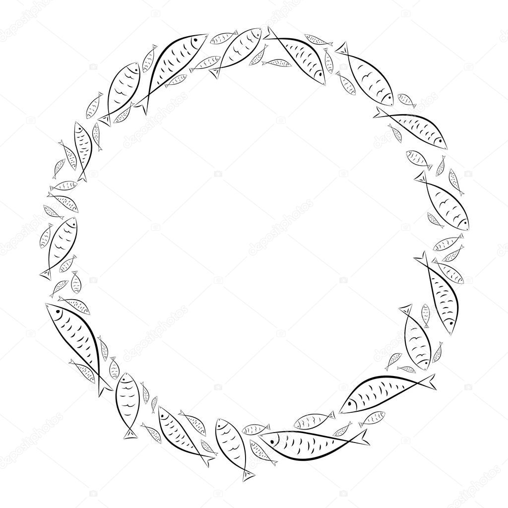 Circle frame. Ichthys is a symbol of fish. The ancient acronym of the name of Jesus Christ in Christian religion.  Vector design