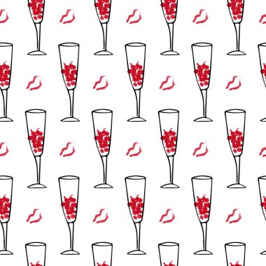 El çizimi şarap gözlük. Dikişsiz desen vektör tasarımı. Gösterim amacıyla hediye paketleri, duvar kağıdı.
