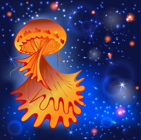 해파리입니다 바다와 입자의 깊이에 디자인 낙서입니다 오렌지와 — 스톡 벡터