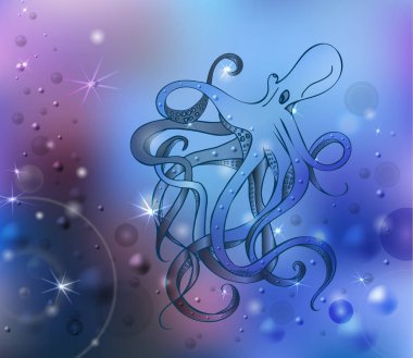 Sekiz tentacles okyanus derinliklerinde yüzen dev ahtapot. Bokeh etkisi, hava kabarcıkları. El çizimi. Vektör illustratio