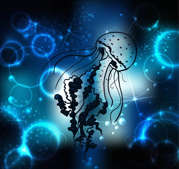 Pintura Vetorial Medusas Ilustração Medusa Nas Profundezas Mar Bolhas Desenho —  Vetores de Stock