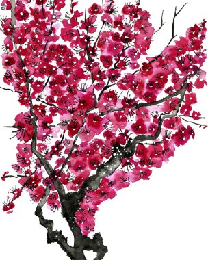 Şu yeni gelişen bir ağaç dalı. Pembe ve kırmızı erik çiçekleri stilize mei, yabani kayısı ve sakura. Suluboya ve mürekkep çizim stili sumi-e, u-sin. Oryantal geleneksel resim.  