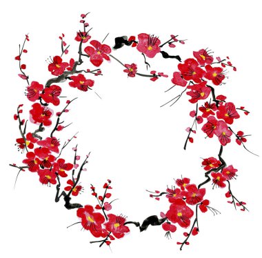 Sakura çiçek çelenk. Pembe ve kırmızı erik çiçekleri stilize mei ve yabani kayısı. Suluboya ve mürekkep çizim stili sumi-e, u-sin. Oryantal geleneksel resim.  