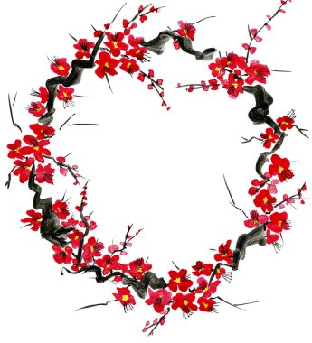  Sakura çiçek çelenk. Pembe ve kırmızı erik çiçekleri stilize mei ve yabani kayısı. Suluboya ve mürekkep çizim stili sumi-e, u-sin. Oryantal geleneksel resim.  