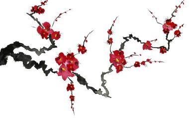 Şu yeni gelişen bir ağaç dalı. Pembe ve kırmızı erik çiçekleri stilize mei, yabani kayısı ve sakura. Suluboya ve mürekkep çizim stili sumi-e, u-sin. Oryantal geleneksel resim.  