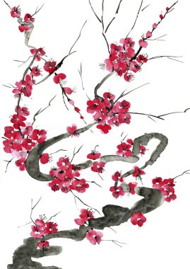 Şu yeni gelişen bir ağaç dalı. Pembe ve kırmızı erik çiçekleri stilize mei, yabani kayısı ve sakura. Suluboya ve mürekkep çizim stili sumi-e, u-sin. Oryantal geleneksel resim.  