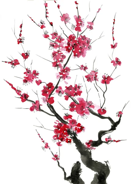 Yeni Gelişen Bir Ağaç Dalı Pembe Kırmızı Erik Çiçekleri Stilize — Stok fotoğraf