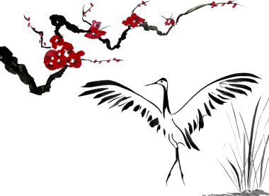 Japonca kuş çizim vinç. Kırmızı erik çiçekleri stilize mei, yabani kayısı ve sakura. Suluboya ve mürekkep çizim stili sumi-e, u-sin, go-hua Oriental geleneksel resim. İzole 
