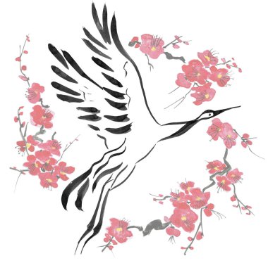 Japonca kuş çizim vinç. Kırmızı erik çiçekleri stilize mei, yabani kayısı ve sakura. Suluboya ve mürekkep çizim stili sumi-e, u-sin, go-hua Oriental geleneksel resim. İzole 