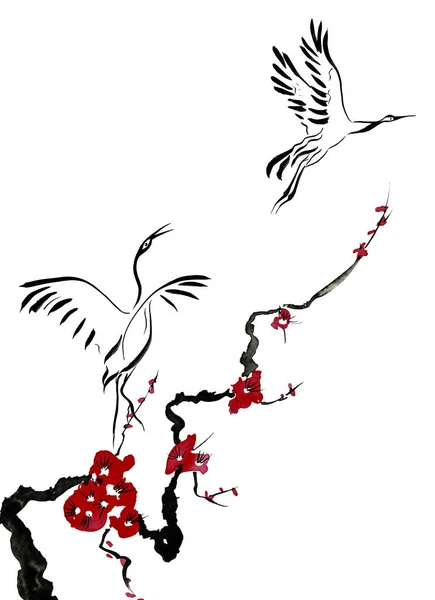 Ιαπωνικά Γερανοί Πουλί Σχεδίασης Κόκκινο Στυλιζαρισμένη Λουλούδια Δαμάσκηνου Mei Άγρια — Φωτογραφία Αρχείου