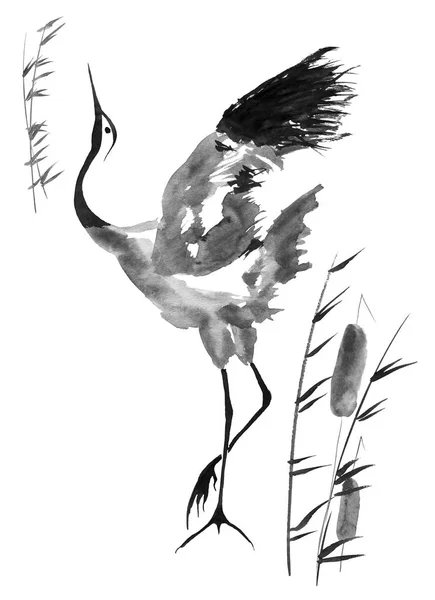 Japanese Crane Bird Drawing Red Sun Stock Illustration 1196564254 |  Shutterstock