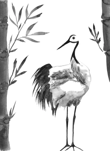 Japonca Kuş Çizim Vinç Suluboya Mürekkep Çizim Stili Sumi Sin — Stok fotoğraf