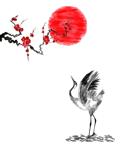 Grúa Japonesa Dibujo Aves Sol Rojo Flores Estilizadas Ciruela Mei — Foto de Stock