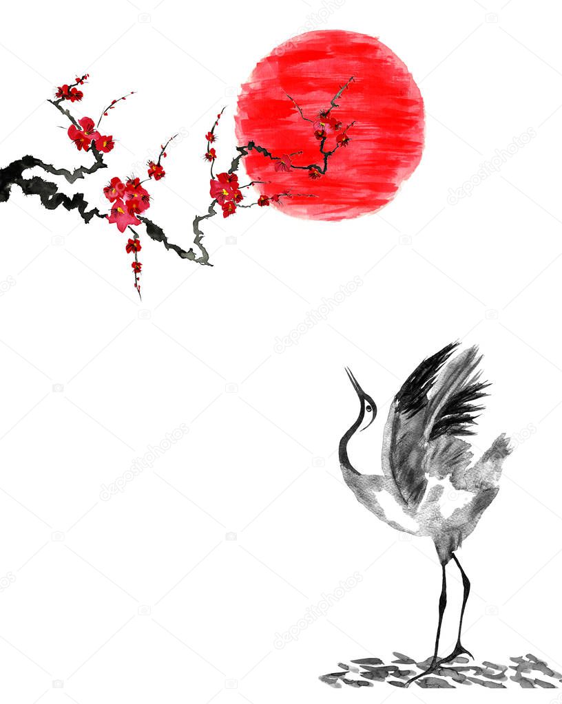 Japanese crane bird drawing and red sun .  Stylized flowers of plum mei, wild apricots and sakura . Watercolor and ink illustration in style sumi-e, u-sin, go-hua Oriental traditional painting. 