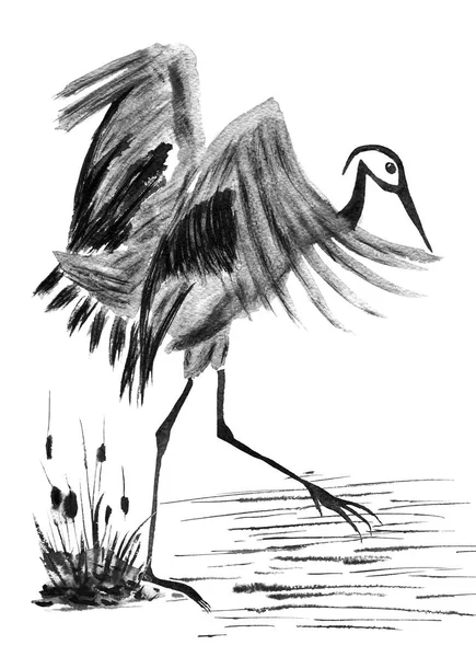 タンチョウ鶴の鳥の図面 スタイル 行く華オリエンタル伝統の水彩 インクのイラストを描きます 分離されました — ストック写真