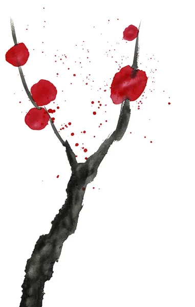 Abstrakt Gren Ett Blommande Träd Rosa Och Rött Stiliserade Blommor — Stockfoto