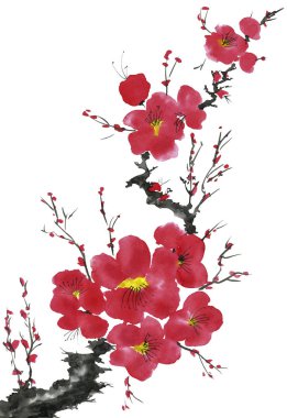 Şu yeni gelişen bir ağaç dalı. Pembe ve kırmızı erik çiçekleri stilize mei, yabani kayısı ve sakura. Suluboya ve mürekkep çizim stili sumi-e, u-sin. Oryantal geleneksel resim.  