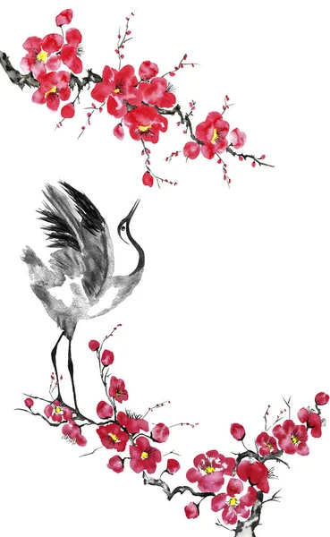 Japonca kuş çizim vinç. Kırmızı erik çiçekleri stilize mei, yabani kayısı ve sakura. Suluboya ve mürekkep çizim stili sumi-e, u-sin, go-hua Oriental geleneksel resim. İzole 