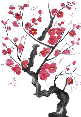 Şu yeni gelişen bir ağaç dalı. Pembe ve kırmızı erik çiçekleri stilize mei, yabani kayısı ve sakura. Suluboya ve mürekkep çizim stili sumi-e, u-sin. Oryantal geleneksel resim.  