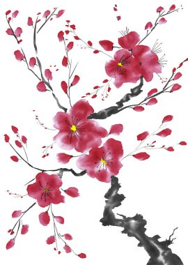Şu yeni gelişen bir ağaç dalı. Pembe ve kırmızı erik çiçekleri stilize mei, yabani kayısı ve sakura. Suluboya ve mürekkep çizim stili sumi-e, u-sin. Oryantal geleneksel resim.  
