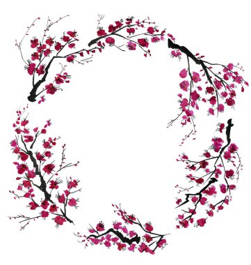  Sakura çiçek çelenk. Pembe ve kırmızı erik çiçekleri stilize mei ve yabani kayısı. Suluboya ve mürekkep çizim stili sumi-e, u-sin. Oryantal geleneksel resim.  