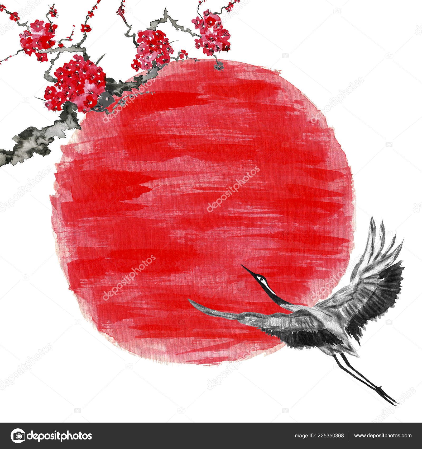 Burung Bangau Jepang Terbang Menuju Matahari Merah Warna Air Dan Ilustrasi  Stok oleh ©marinakutukova #225350368, image size:1600x1700