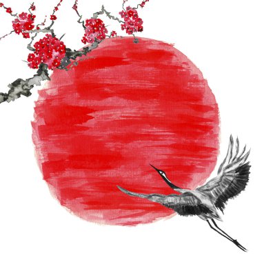 Japon kırmızı güneşe doğru uçan kuş vinç. Suluboya ve mürekkebi çizimde stil sumi-e, u-sin, go-hua. Oryantal geleneksel resim. İzole 