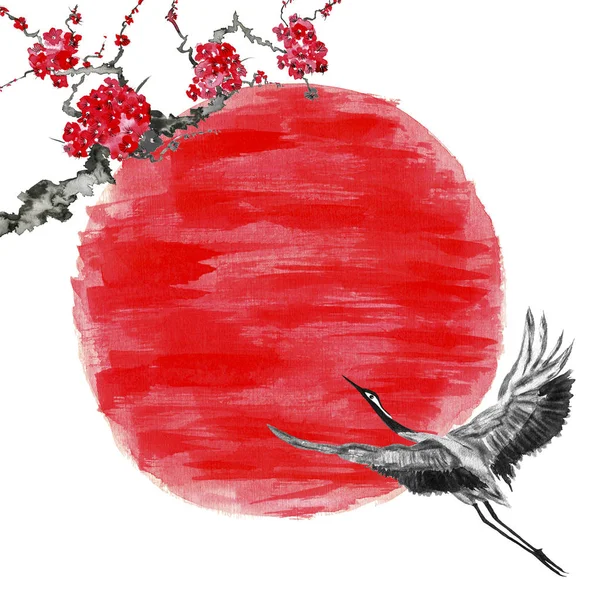 Японський Кран Птах Летить Відношенню Червоне Сонце Акварель Чорнилом Ілюстрація — стокове фото
