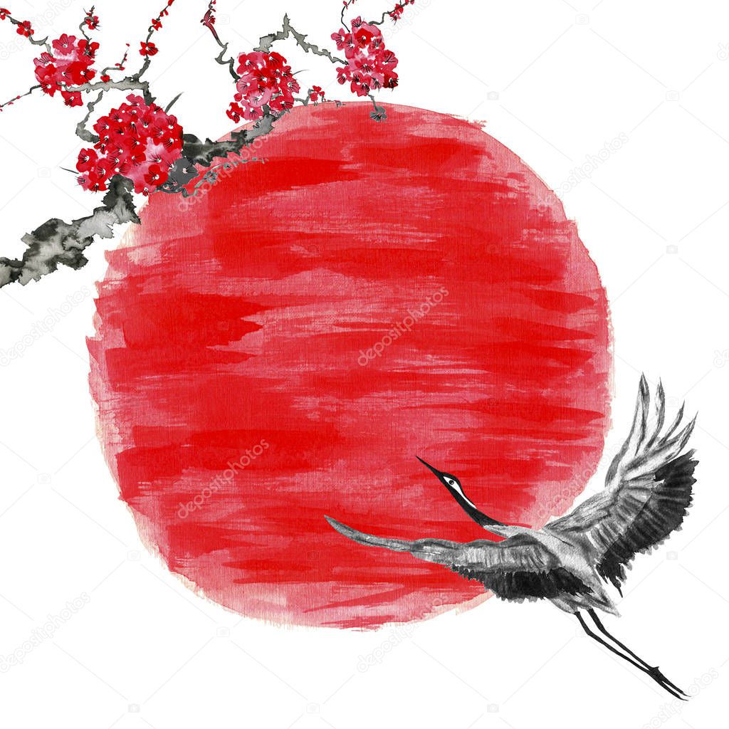 Japanese crane bird  flying towards the red sun.  Watercolor and ink illustration in style sumi-e, u-sin, go-hua. Oriental traditional painting. Isolated 