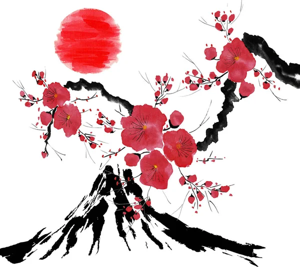 Oriental Traditional Sumi Painting Fuji Mountain Blossom Sakura Sunset Japan — Stock Photo, Image