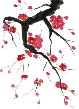 Şu yeni gelişen bir ağaç dalı. Pembe ve kırmızı erik çiçekleri stilize mei, yabani kayısı ve sakura. Suluboya ve mürekkep çizim stili sumi-e, u-sin. Oryantal geleneksel resim.  