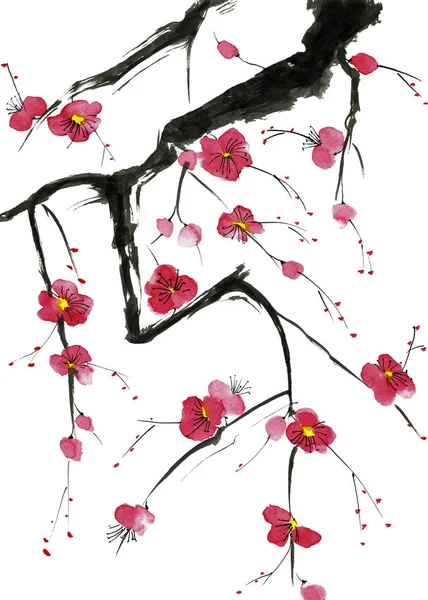 Ramo Uma Árvore Florescente Flores Estilizadas Rosa Vermelha Ameixa Mei — Fotografia de Stock