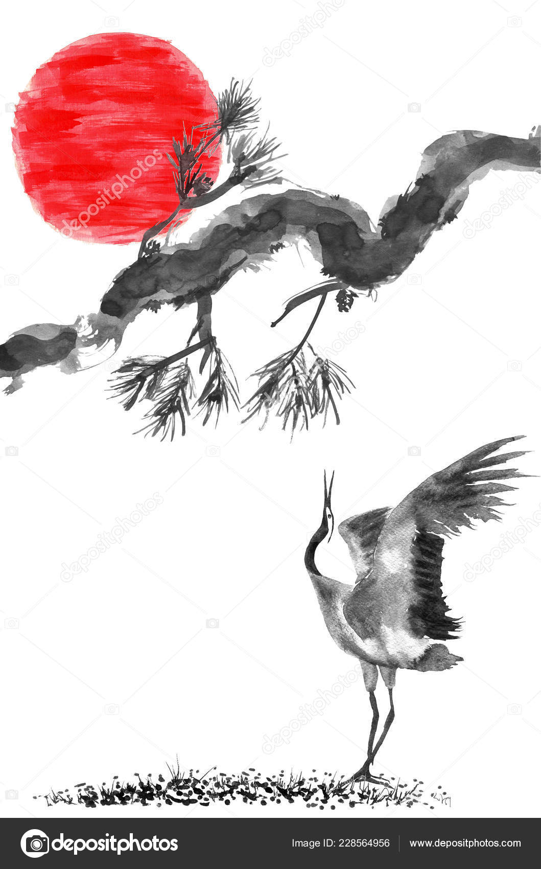 Designart 'Red Flowers With Japanese Cranes Bird Drawing' Traditional  Framed Canvas Wall Art Print - Walmart.com
