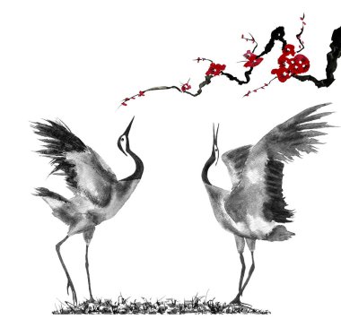 Japonca kuş çizim vinç. Kırmızı erik çiçekleri stilize mei, yabani kayısı ve sakura. Suluboya ve mürekkep çizim stili sumi-e, u-sin, go-hua Oriental geleneksel resim. İzole 