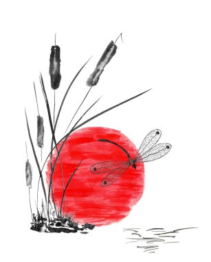 Yusufçuk ve bulrush, kırmızı Paz. Suluboya ve mürekkebi çizimde stil sumi-e, u-sin, go-hua. Oryantal geleneksel resim. İzole. 