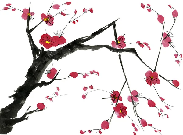 Şu yeni gelişen bir ağaç dalı. Pembe ve kırmızı erik çiçekleri stilize mei, yabani kayısı ve sakura. Suluboya ve mürekkep çizim stili sumi-e, u-sin. Oryantal geleneksel resim.  